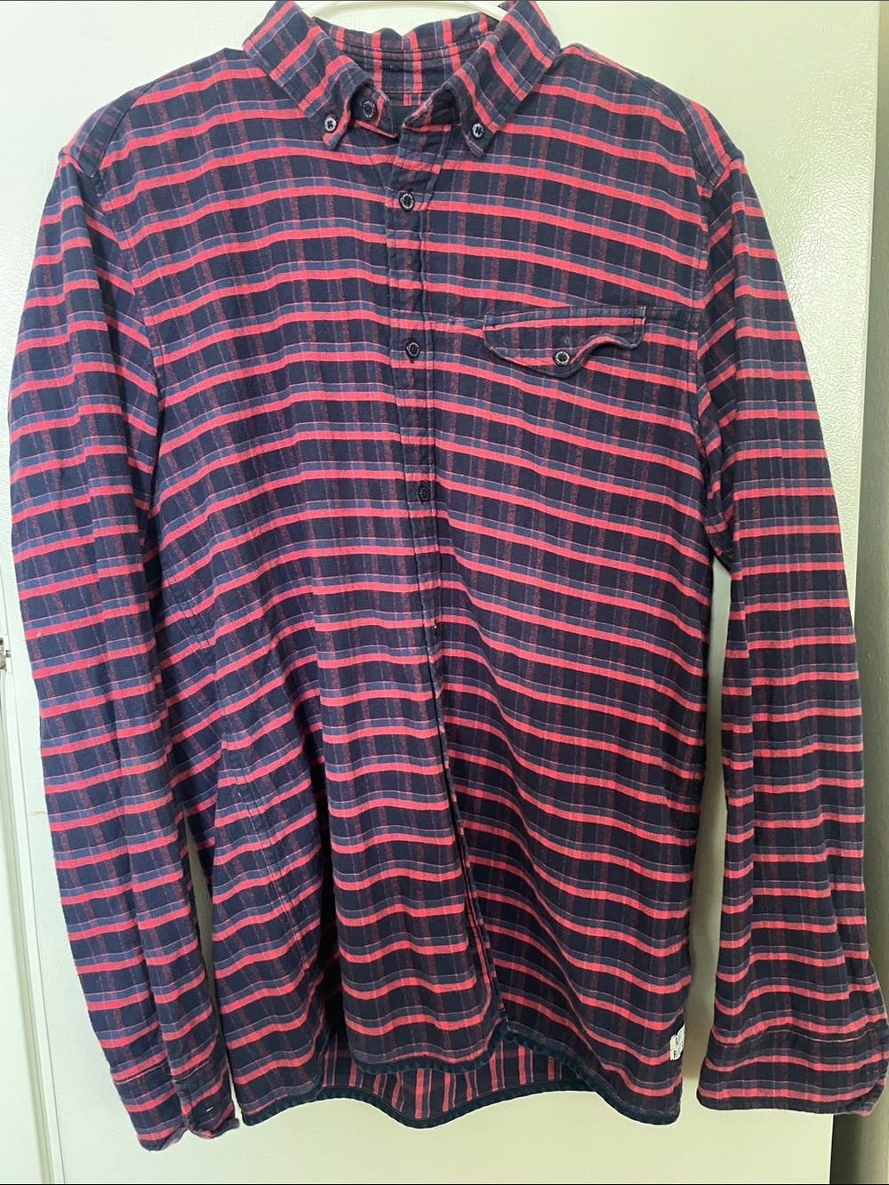 Scotch & Soda Large 100% Cotton Navy and Red Plaid Button-Down Long Sleeve Shirt